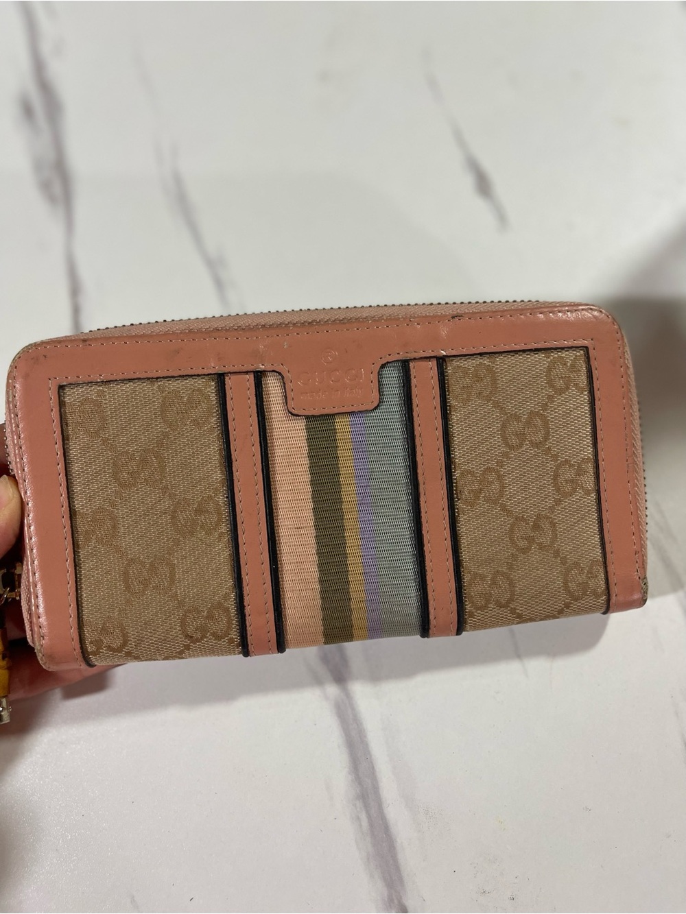 Gucci Pink Trim GG Canvas Zip Wallet with Multicolor Stripe